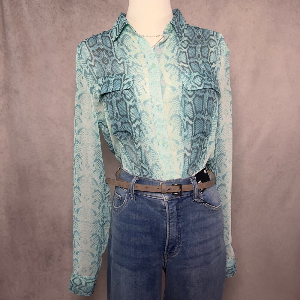Snake Print Sheer Teal Chiffon Button Blouse Size Medium